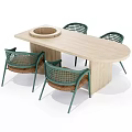 Oval Wooden Dining Table Set With Circular Indentation And Four Green Frame Woven Chairs