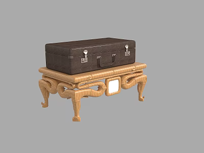 Classic Brown Suitcase Placed On Wooden Table With Ornate Carved Legs 3d model