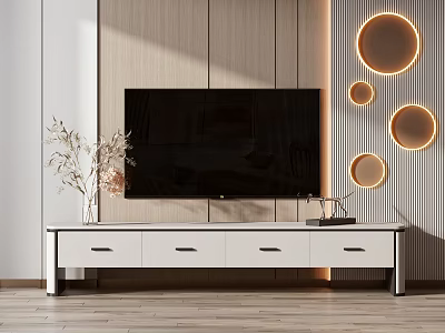 Modern White TV Stand with Drawers Vase and Decorative Circular Lights on Wooden Wall 3d model