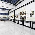 Modern Exhibition Hall Interior Featuring Glass Curtain Wall White Floor Display Cabinets And Wall Exhibits