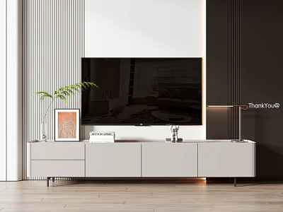 Modern Light Colored TV Stand With Flat Screen TV Storage Cabinets And Decorative Items 3d model