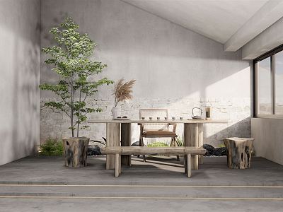 Qui Ji Tea Room Original Wood Tea Table and Chair Courtyard Plant Sick Stone model