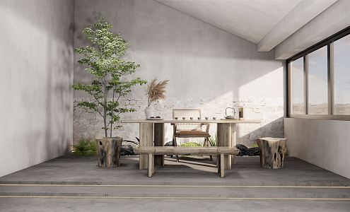 Qui Ji Tea Room Original Wood Tea Table and Chair Courtyard Plant Sick Stone 3d model