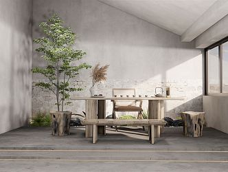 Qui Ji Tea Room Original Wood Tea Table and Chair Courtyard Plant Sick Stone 3d model