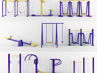 Outdoor Sports Equipment Collection Featuring Purple Yellow Swings Parallel Bars and Seesaw 3d model