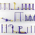 Outdoor Sports Equipment Collection Featuring Purple Yellow Swings Parallel Bars and Seesaw