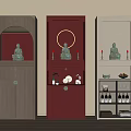 Buddhist Shrine Cabinets In Various Colors With Buddha Statues Circular Light And Storage Shelves