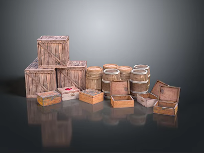 Wooden Storage Boxes And Barrels With Open Small Boxes For Household Items 3d model