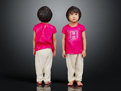 Two Children Wearing Pink Shirts With Letter H And Beige Pants Back Front Views 3d model