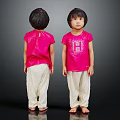 Two Children Wearing Pink Shirts With Letter H And Beige Pants Back Front Views