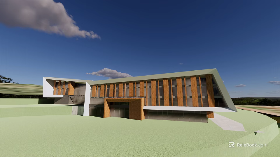 Modern Contemporary Building With Wooden Exterior Large Glass Windows Sloped Roof Green Lawn Blue Sky 3d model 