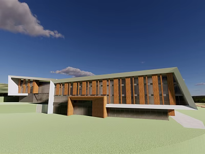 Modern Contemporary Building With Wooden Exterior Large Glass Windows Sloped Roof Green Lawn Blue Sky 3d model