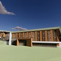 Modern Contemporary Building With Wooden Exterior Large Glass Windows Sloped Roof Green Lawn Blue Sky