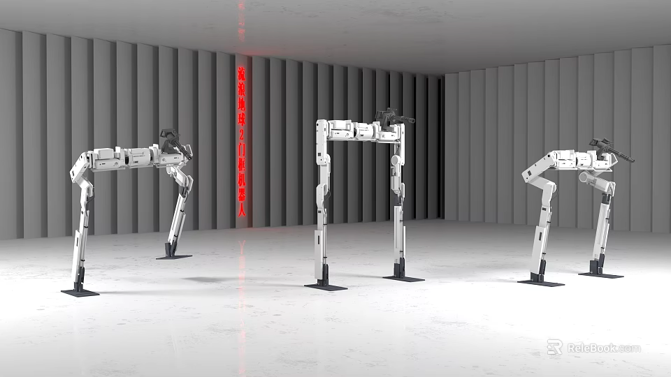 Intelligent Robotic Arms In Modern Room With Gray Walls Red Vertical Text And Various Poses 3d model 