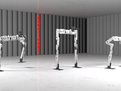 Intelligent Robotic Arms In Modern Room With Gray Walls Red Vertical Text And Various Poses 3d model