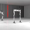 Intelligent Robotic Arms In Modern Room With Gray Walls Red Vertical Text And Various Poses