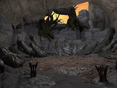 Cave Landscape With Rocky Walls Twisted Roots And Orange Light Through Opening 3d model