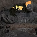 Cave Landscape With Rocky Walls Twisted Roots And Orange Light Through Opening