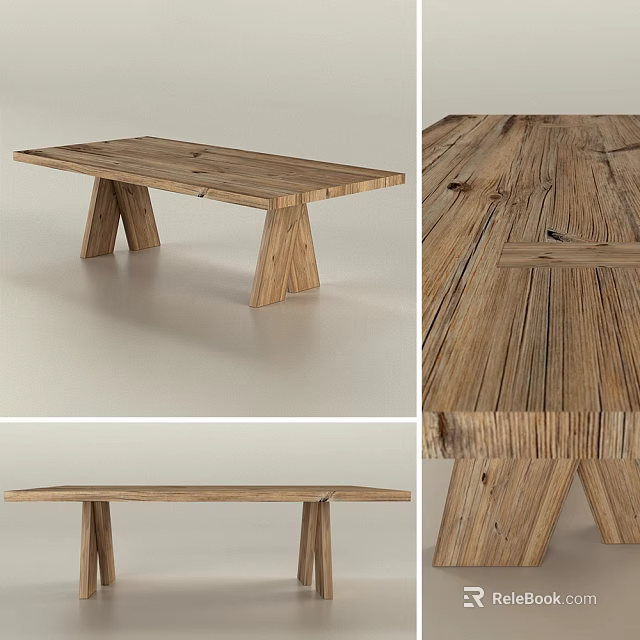 Rustic Wooden Dining Table Featuring Natural Wood Grain And Unique Support Structure 3d model 