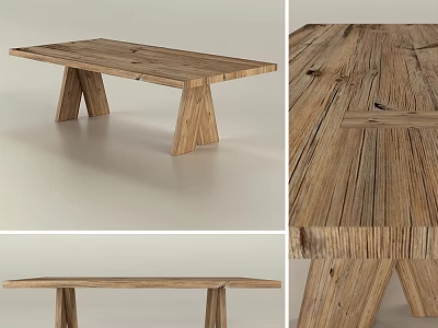 Rustic Wooden Dining Table Featuring Natural Wood Grain And Unique Support Structure 3d model