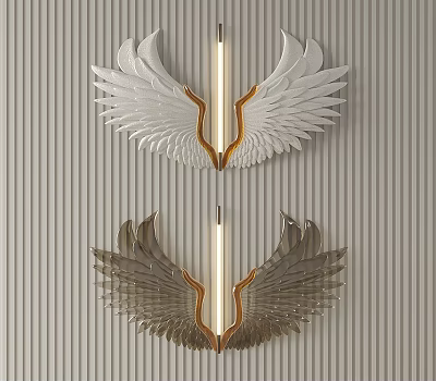 Wing Shaped Wall Decor with White and Gray Feathers Golden Accents and Lighting on Striped Wall 3d model