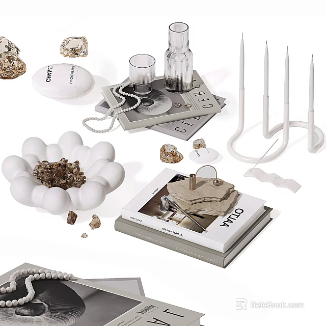 Home Decorative Ornament Set With White Bowl Clear Glass Candles Book And Small Stones 3d model 