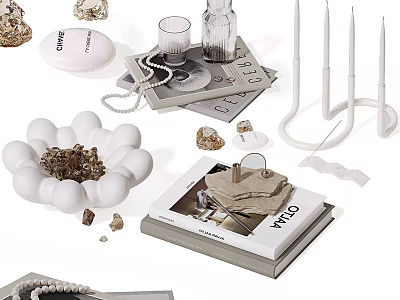 Home Decorative Ornament Set With White Bowl Clear Glass Candles Book And Small Stones 3d model