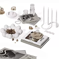 Home Decorative Ornament Set With White Bowl Clear Glass Candles Book And Small Stones