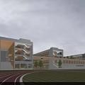 Modern School Building Exterior With Glass Facade Track Field Green Lawn And Children Playing