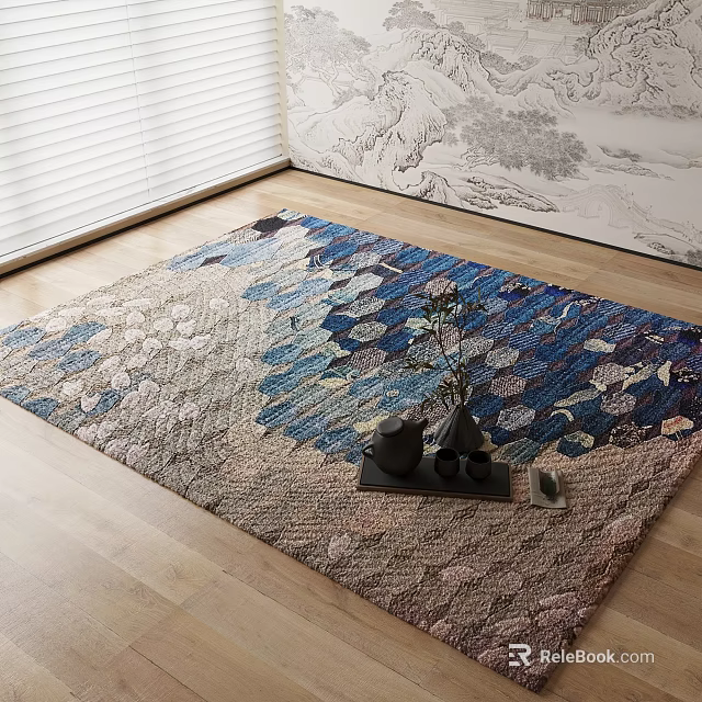 Square Carpet With Blue Gray Beige Floral Leaf Pattern On Wooden Floor With Decorative Vases 3d model 