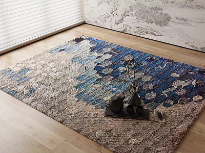 Square Carpet With Blue Gray Beige Floral Leaf Pattern On Wooden Floor With Decorative Vases 3d model