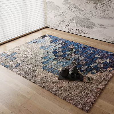 Square Carpet With Blue Gray Beige Floral Leaf Pattern On Wooden Floor With Decorative Vases 3d model