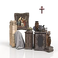 Antique Carved Sculptures Display With Framed Painting Cross Columns And Decorative Vases