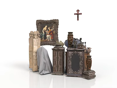 Antique Carved Sculptures Display With Framed Painting Cross Columns And Decorative Vases 3d model