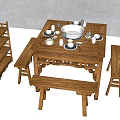 Traditional Chinese Wooden Dining Table Set With Bench Stools And Tea Set 3d model