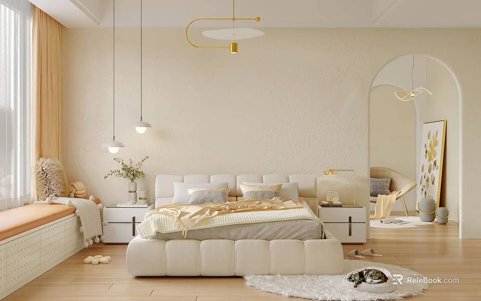 Cozy Beige Bedroom Interior With White Padded Bed Wooden Flooring And Arched Mirror 3d model 