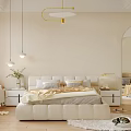 Cozy Beige Bedroom Interior With White Padded Bed Wooden Flooring And Arched Mirror