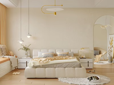 Cozy Beige Bedroom Interior With White Padded Bed Wooden Flooring And Arched Mirror 3d model