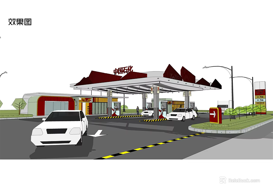 Detailed Modern Gas Station Rendering With White Cars Fuel Pumps And Canopy Structure 3d model 