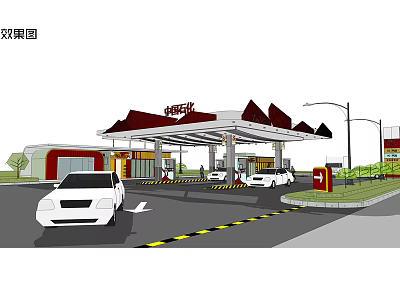 Detailed Modern Gas Station Rendering With White Cars Fuel Pumps And Canopy Structure 3d model