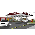 Detailed Modern Gas Station Rendering With White Cars Fuel Pumps And Canopy Structure