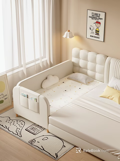 Adorable Kids Room Interior With White Padded Bed Cloud Decor And Animal Print Mattress 3d model 