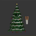 Festive Green Christmas Tree Decorated With Red Ornaments Star And White Tinsel