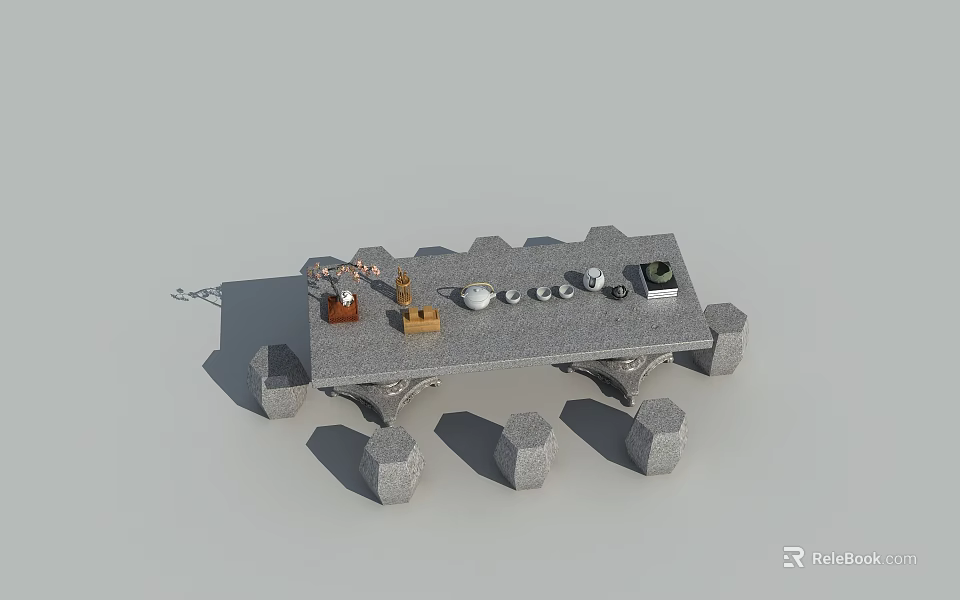 Sturdy Stone Outdoor Table with Grooved Surface and Tea Set Decorative Items 3d model