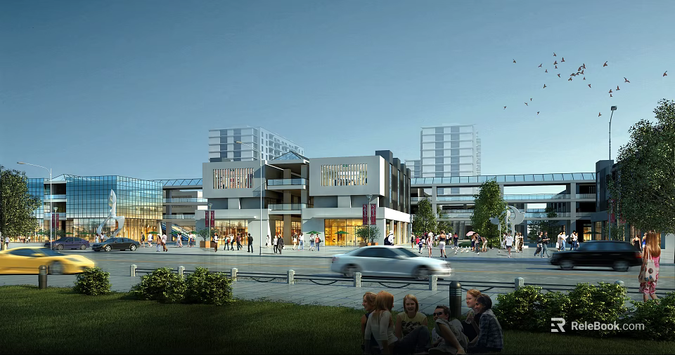 Modern Commercial Street Featuring Pedestrians Vehicles Greenery And Multi Story Buildings 3d model 
