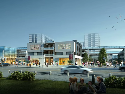 Modern Commercial Street Featuring Pedestrians Vehicles Greenery And Multi Story Buildings 3d model