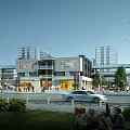 Modern Commercial Street Featuring Pedestrians Vehicles Greenery And Multi Story Buildings