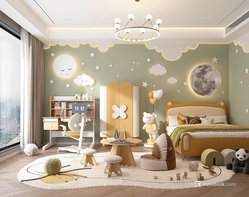 Kids Room Interior With Green Walls Moon Stars Cloud Decor Yellow Bed Desk Toys And Chandelier 3d model 