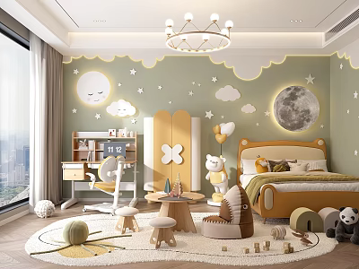 Kids Room Interior With Green Walls Moon Stars Cloud Decor Yellow Bed Desk Toys And Chandelier 3d model
