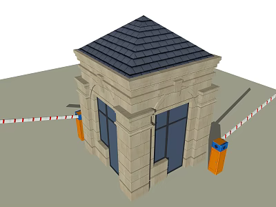 Stone Guard Booth With Black Tiled Roof Blue Windows And Orange Barriers 3d model